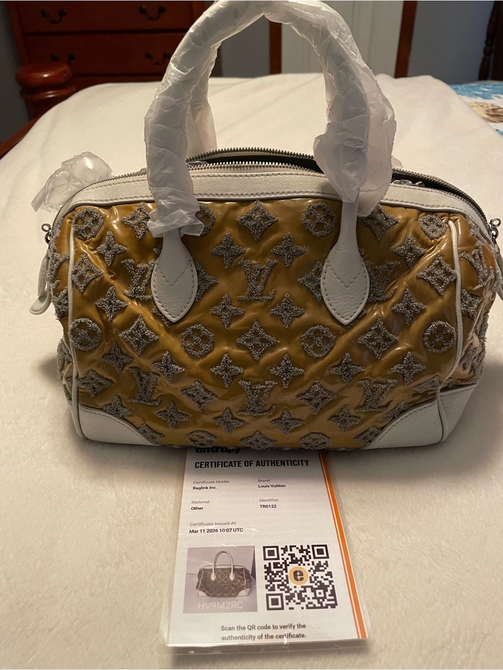 Louis Vuitton Yellow Patent Monogram Satchel with White Trim
